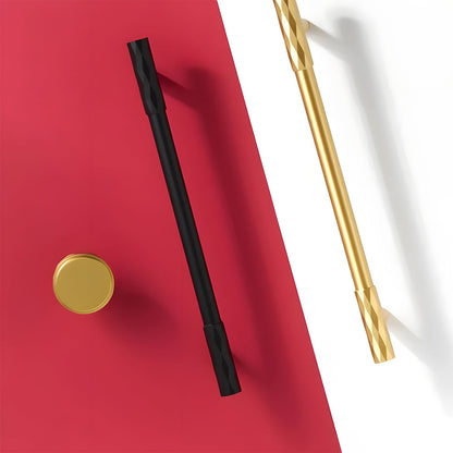 Faceted brass cabinet pull and round knob, presented for reference as a color and finish lineup