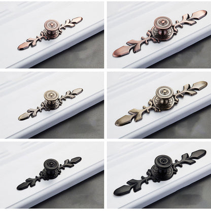 Round cabinet knob with ornate floral backplate, shown clearly in a multi-view product collage
