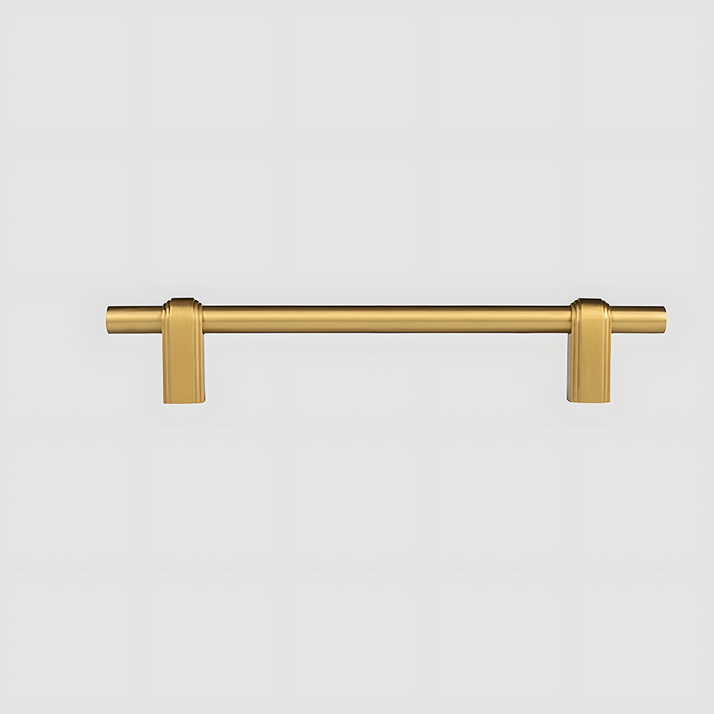French brass round bar cabinet pull with block mounts, shown from one angle on a clean neutral background