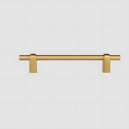 French brass round bar cabinet pull with block mounts, shown from one angle on a clean neutral background