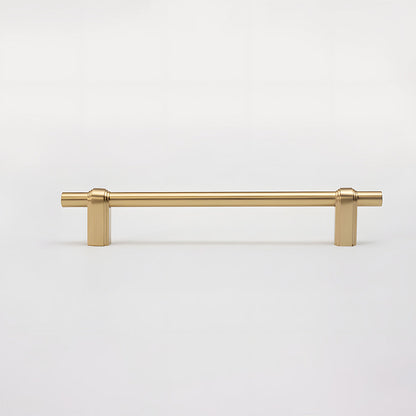 French brass round bar cabinet pull with block mounts, pictured in one view on a clean neutral background