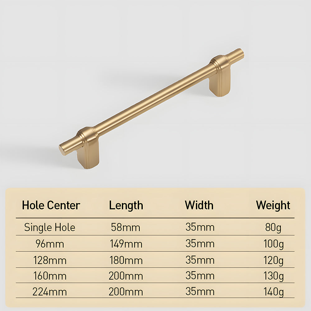 French brass round bar cabinet pull with block mounts, shown clearly with dimensions and centers labeled