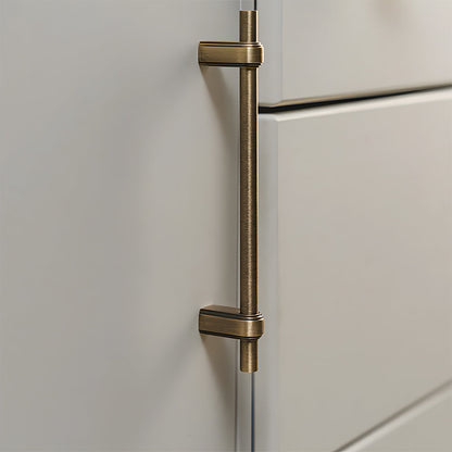 French brass round bar cabinet pull with block mounts, pictured in one view in an installed cabinet close-up
