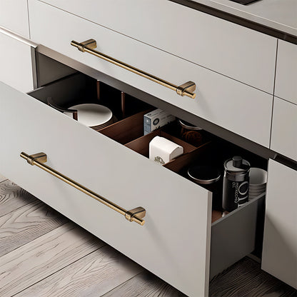 French brass round bar cabinet pull with block mounts, shown at close range installed on cabinetry in context