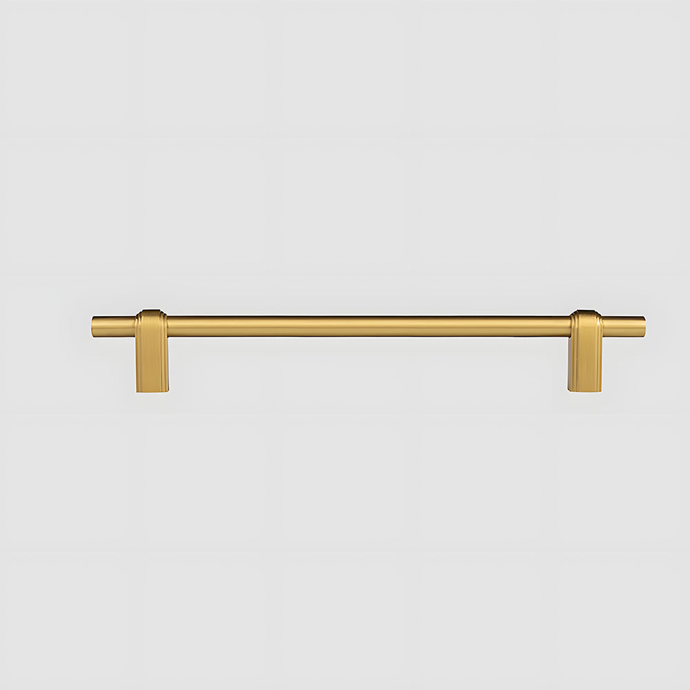 French brass round bar cabinet pull with block mounts, presented for reference on a clean neutral background