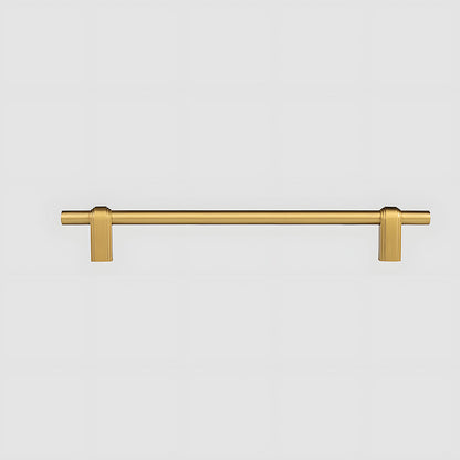 French brass round bar cabinet pull with block mounts, presented for reference on a clean neutral background
