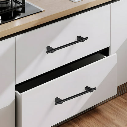 French brass round bar cabinet pull with block mounts, displayed from the side installed on cabinetry in context