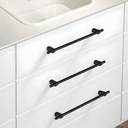 French brass round bar cabinet pull with block mounts, shown in a focused view installed on cabinetry in context