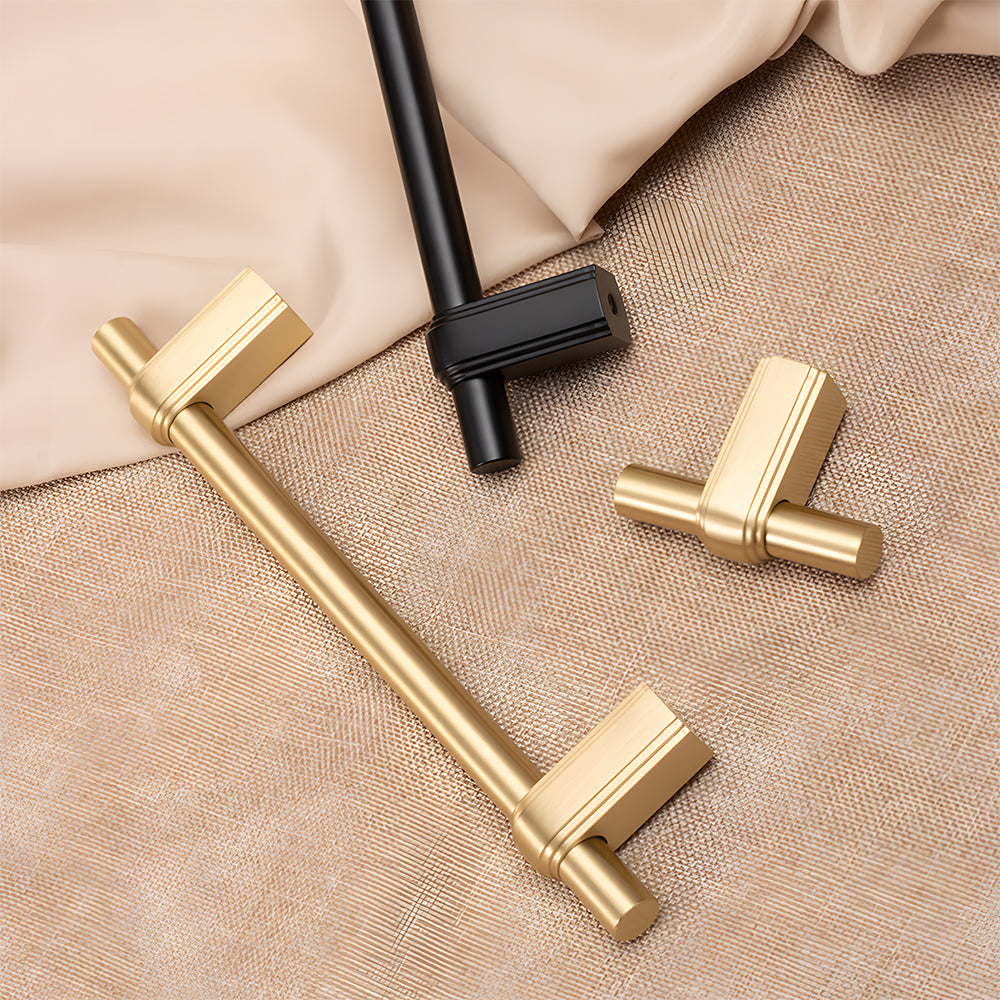 French brass round bar cabinet pull with block mounts, pictured in one view as a color and finish lineup