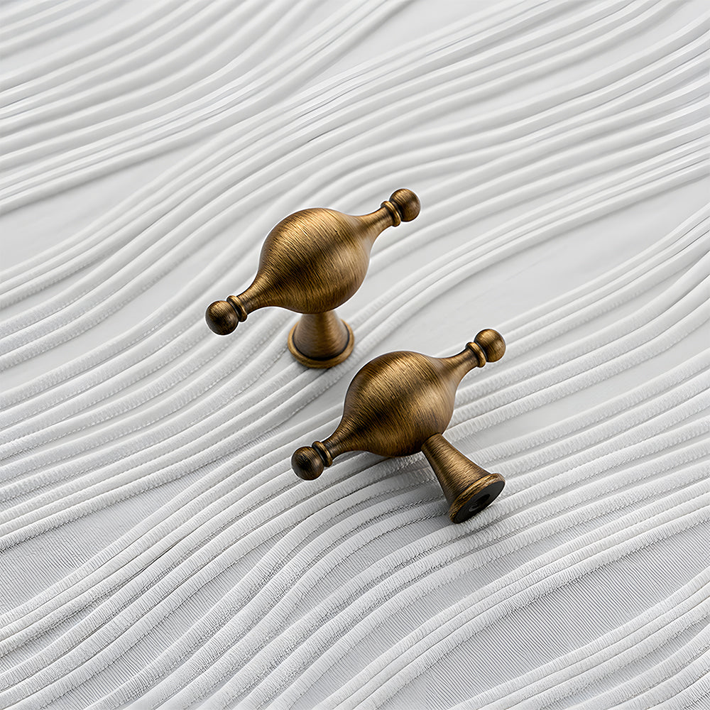 French retro turned brass cabinet pull and spindle knob, presented for reference with related hardware in one display
