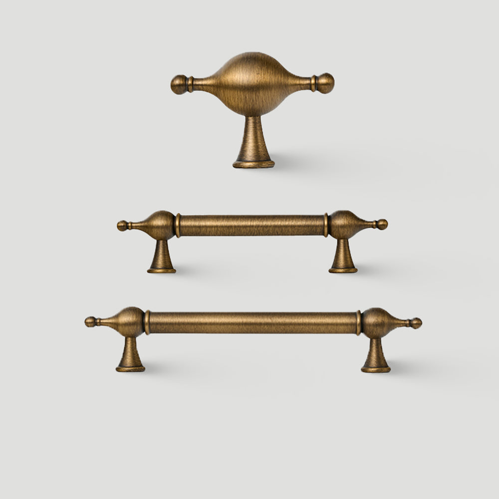 French retro turned brass cabinet pull and spindle knob, shown clearly with dimensions and centers labeled