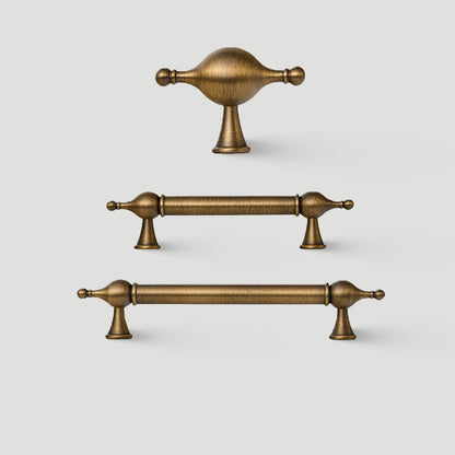 French retro turned brass cabinet pull and spindle knob, shown clearly with dimensions and centers labeled