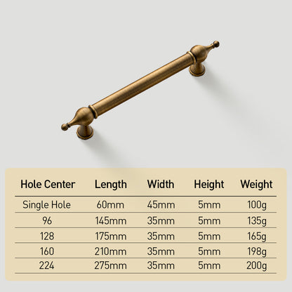 French retro turned brass cabinet pull and spindle knob, shown from one angle with dimensions and centers labeled