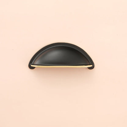 Half-round brass cabinet cup pull, displayed from the side on a clean neutral background