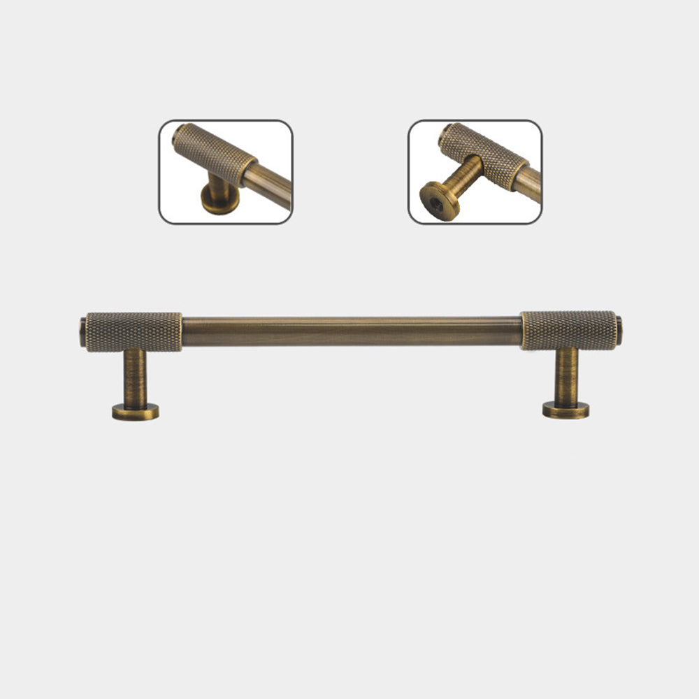 Bronze knurled brass round bar cabinet pull, displayed from the side with dimensions and centers labeled