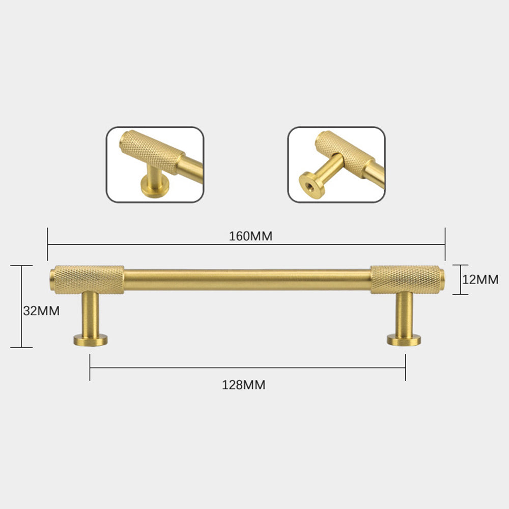 Knurled brass round bar cabinet pull, shown in a focused view with dimensions and centers labeled