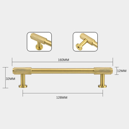 Knurled brass round bar cabinet pull, shown in a focused view with dimensions and centers labeled