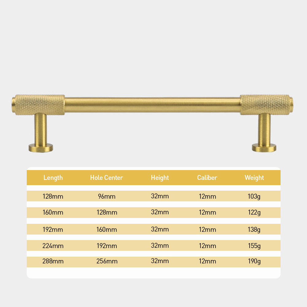 Knurled brass round bar cabinet pull, presented in another view with dimensions and centers labeled
