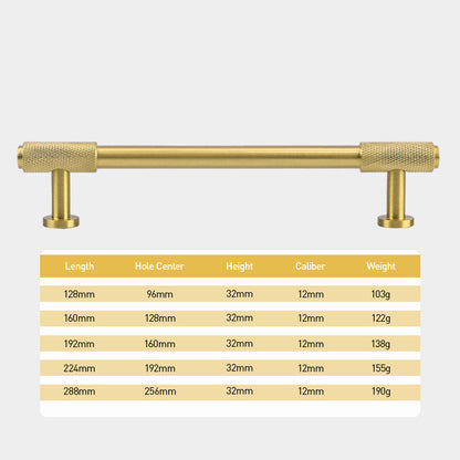 Knurled brass round bar cabinet pull, presented in another view with dimensions and centers labeled