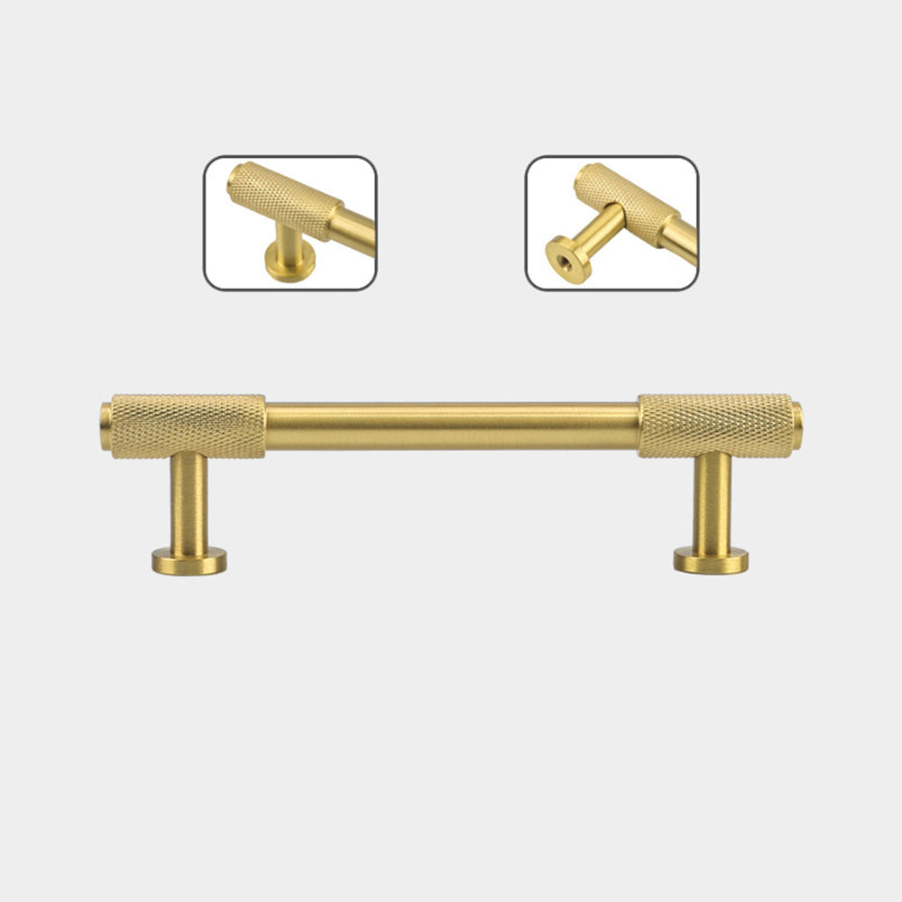 Gold knurled brass round bar cabinet pull, shown clearly showing the printed measurements