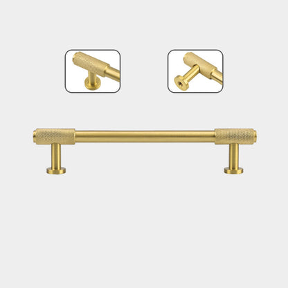 Gold knurled brass round bar cabinet pull, shown from one angle showing the printed measurements