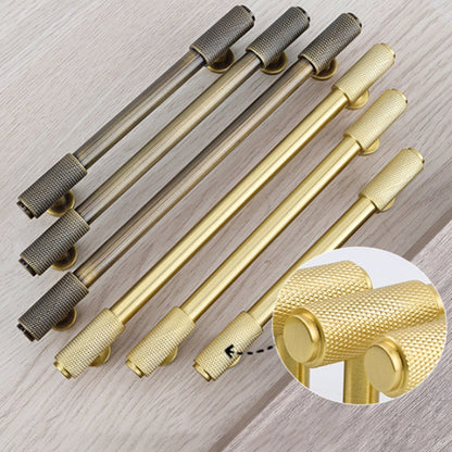 Knurled brass round bar cabinet pull, shown clearly as a color and finish lineup