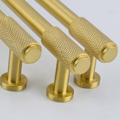 Knurled brass round bar cabinet pull, shown clearly with its construction and finish visible