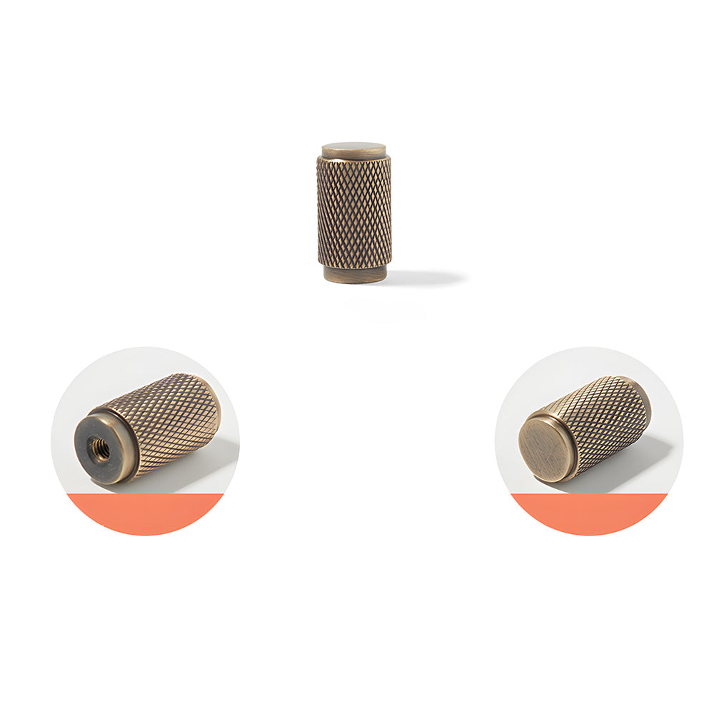 Knurled brass cabinet pull with rectangular mounts and knob, shown clearly with its construction and finish visible