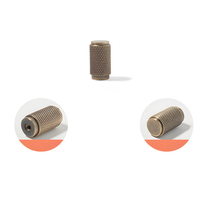 Knurled brass cabinet pull with rectangular mounts and knob, shown clearly with its construction and finish visible