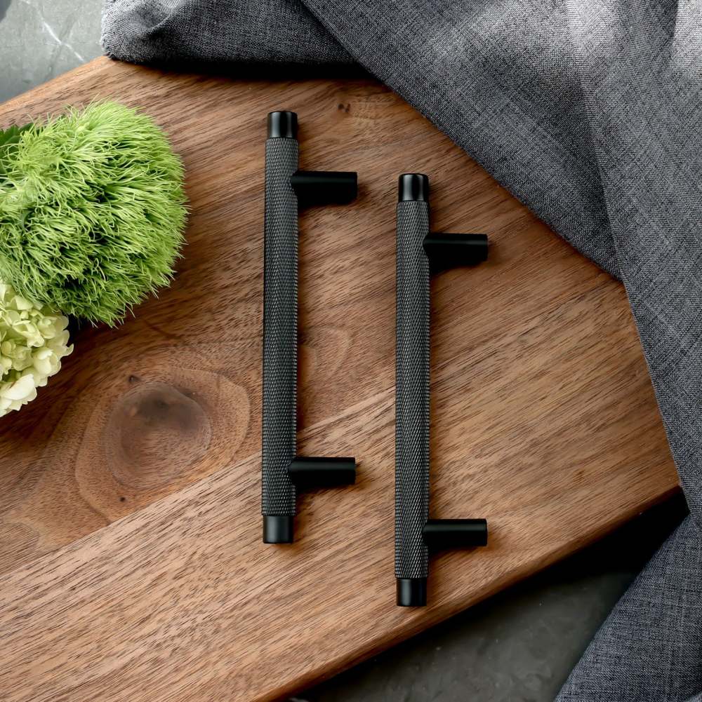 Knurled T-bar cabinet pull, pictured in one view as a color and finish lineup with key hardware details visible