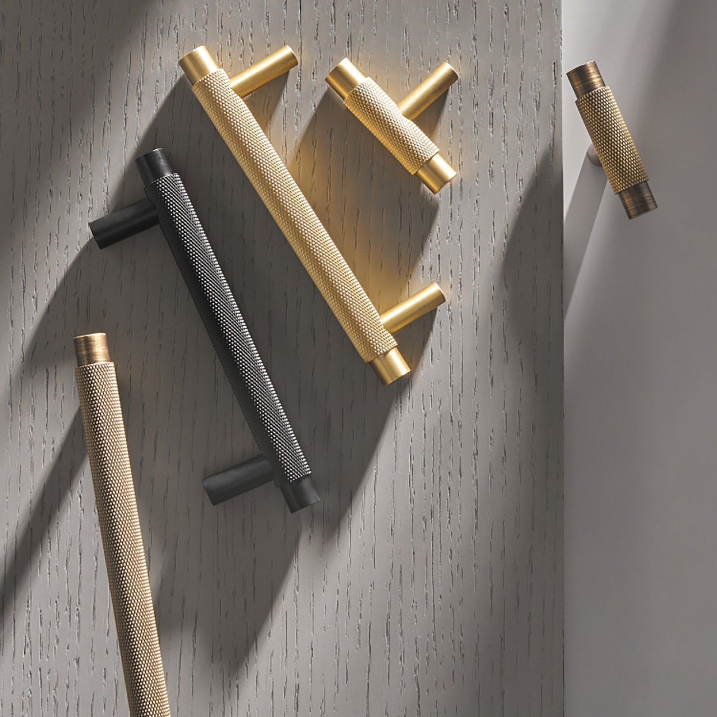 Knurled T-bar cabinet pull, presented for reference as a color and finish lineup