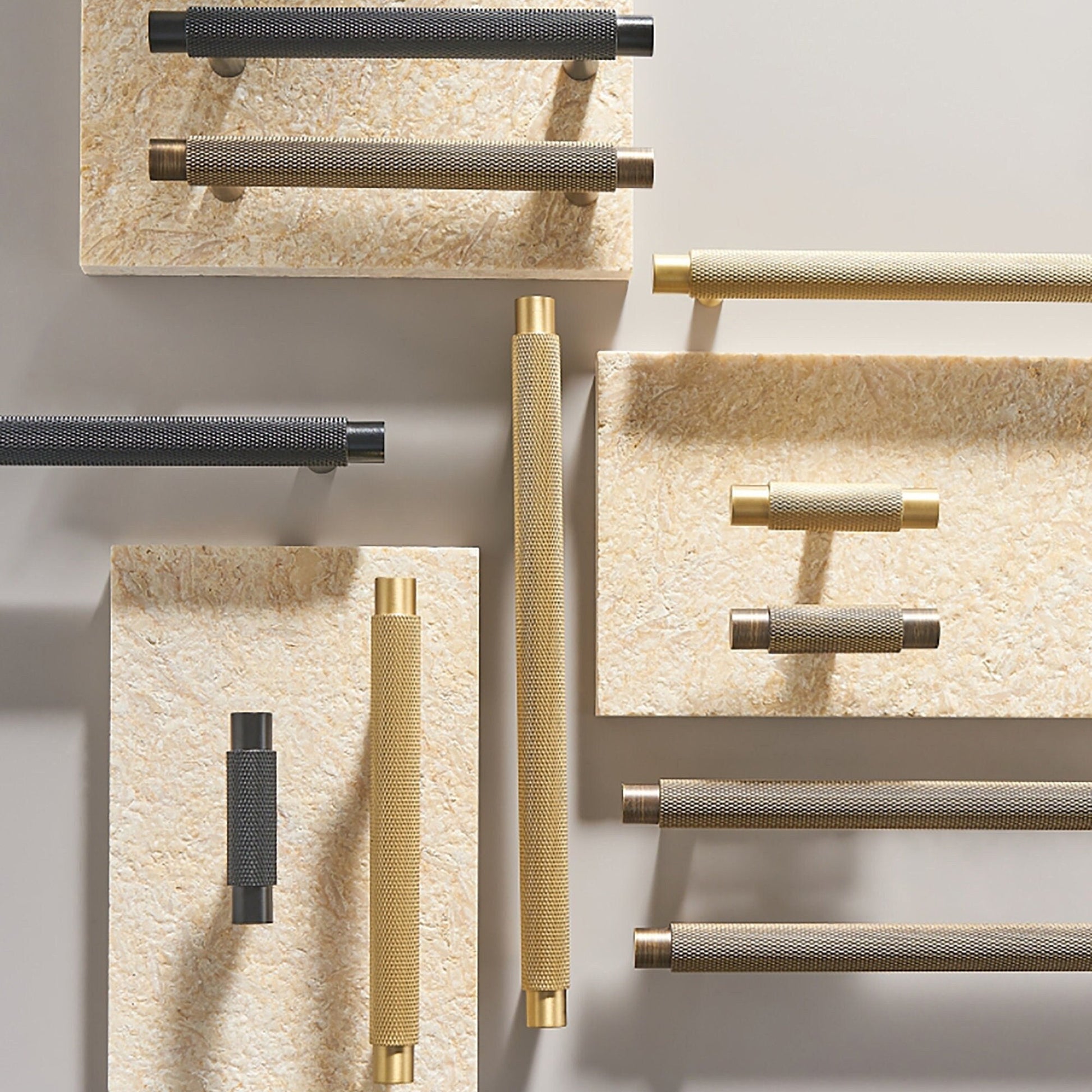 Knurled T-bar cabinet pull, displayed from the side as a color and finish lineup