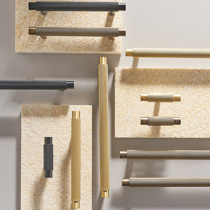 Knurled T-bar cabinet pull, displayed from the side as a color and finish lineup