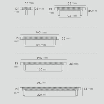 Knurled T-bar cabinet pull, shown clearly with dimensions and centers labeled with key hardware details visible