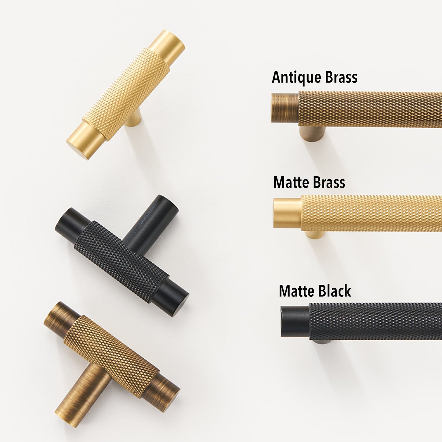 Knurled T-bar cabinet pull, shown from one angle as a color and finish lineup with key hardware details visible