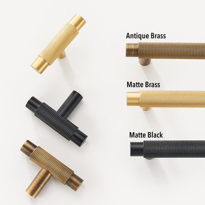 Knurled T-bar cabinet pull, shown from one angle as a color and finish lineup with key hardware details visible