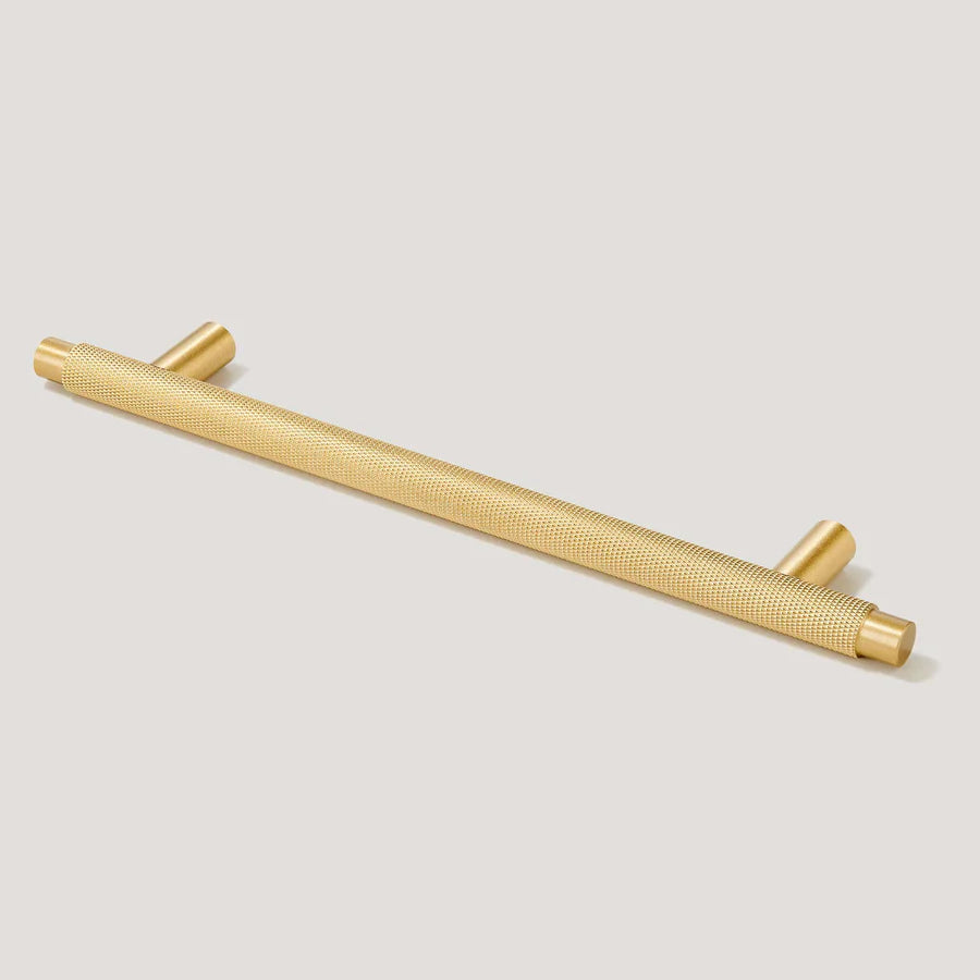 Knurled T-bar cabinet pull, pictured in one view on a clean neutral background with key hardware details visible