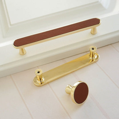 Comforsyco Leather Inset Cabinet Pull Handles and Knobs, Gold / Brown