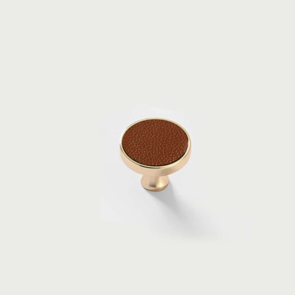 Comforsyco Leather Inset Cabinet Pull Handles and Knobs, Gold / Brown