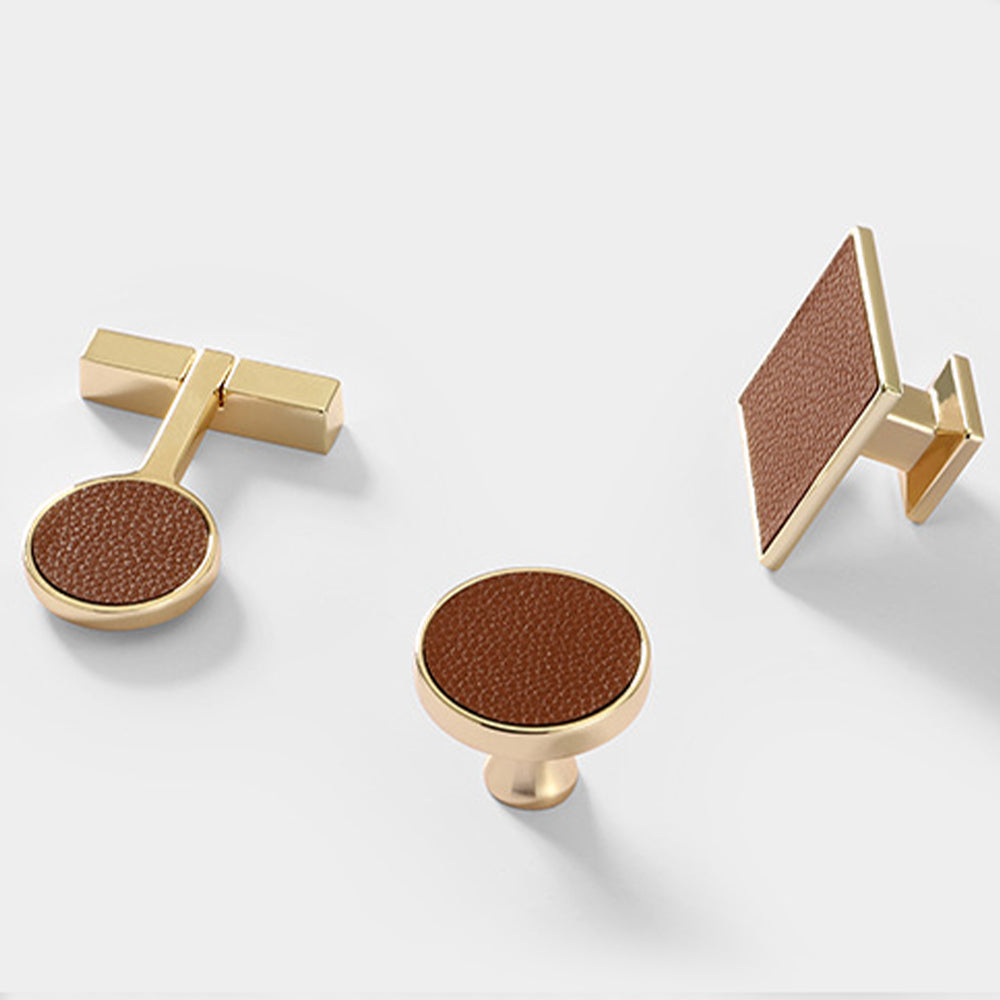 Comforsyco Leather Inset Cabinet Pull Handles and Knobs, Gold / Brown