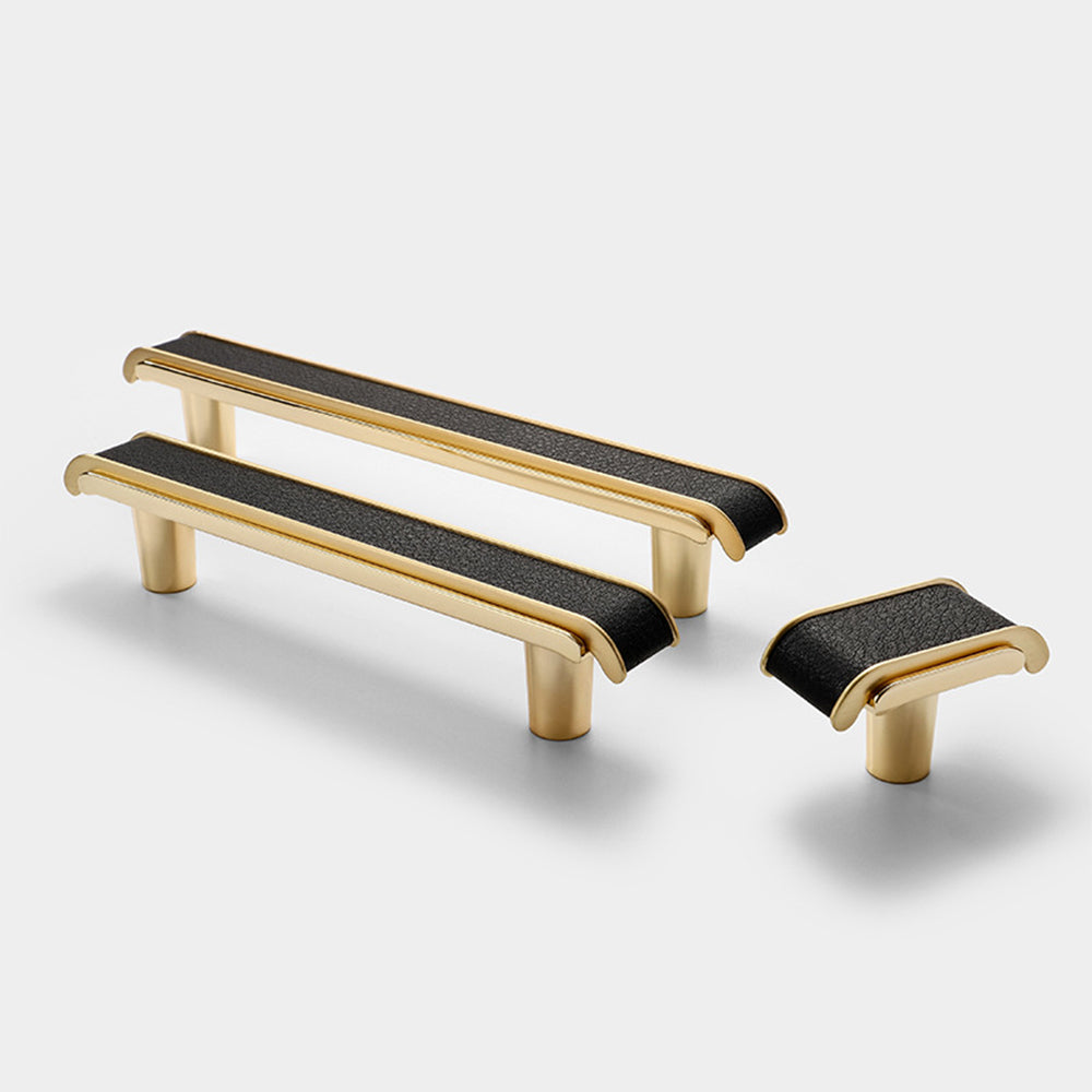 Comforsyco Leather Pattern Cabinet Pulls and Knob in Black / Gold
