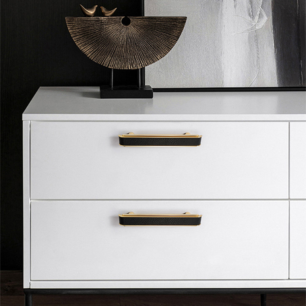 Comforsyco Leather Pattern Cabinet Pulls and Knob in Black / Gold
