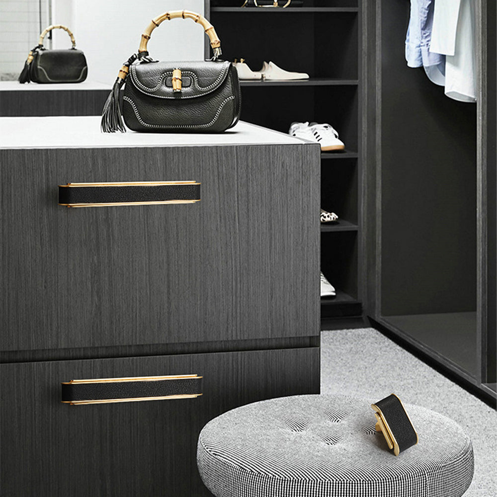 Comforsyco Leather Pattern Cabinet Pulls and Knob in Black / Gold