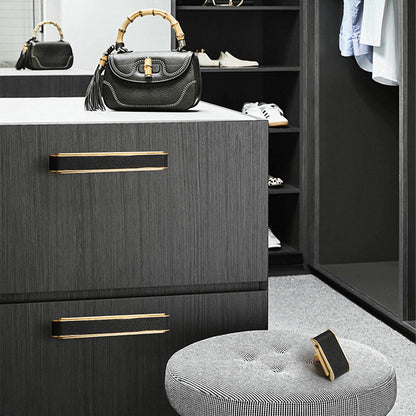 Comforsyco Leather Pattern Cabinet Pulls and Knob in Black / Gold