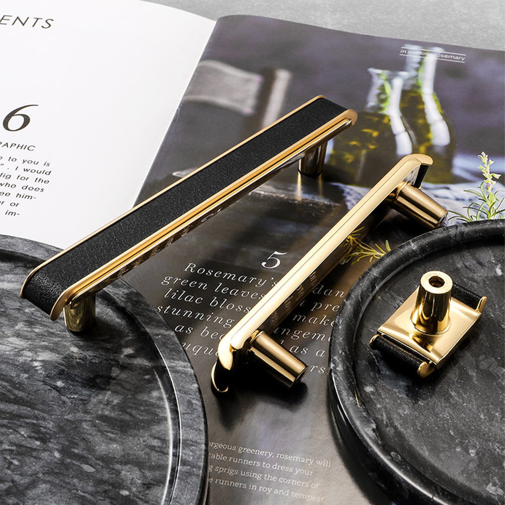 Comforsyco Leather Pattern Cabinet Pulls and Knob in Black / Gold