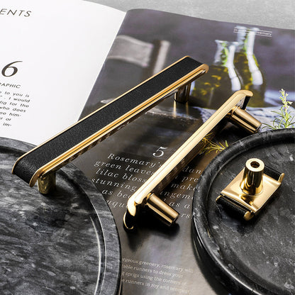 Comforsyco Leather Pattern Cabinet Pulls and Knob in Black / Gold