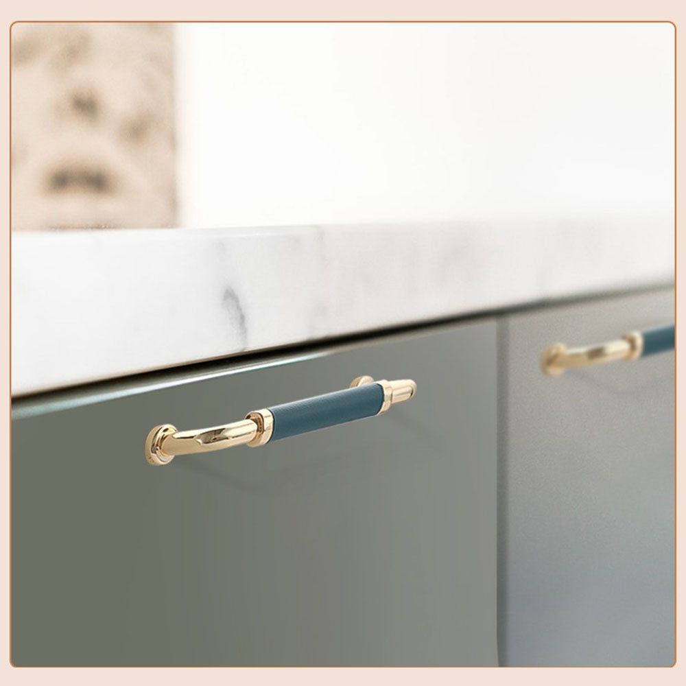 Comforsyco Leather Wrapped Brass Cabinet Pulls and Knobs