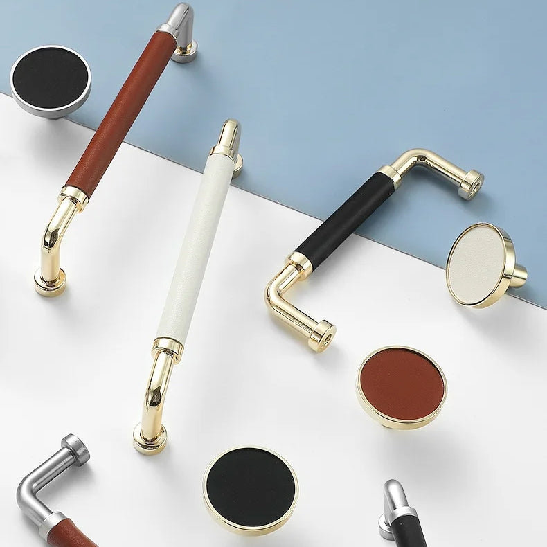Comforsyco Leather Wrapped Brass Cabinet Pulls and Knobs