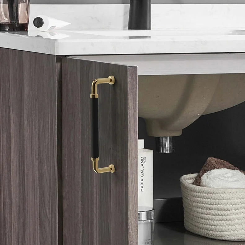 Comforsyco Leather Wrapped Brass Cabinet Pulls and Knobs