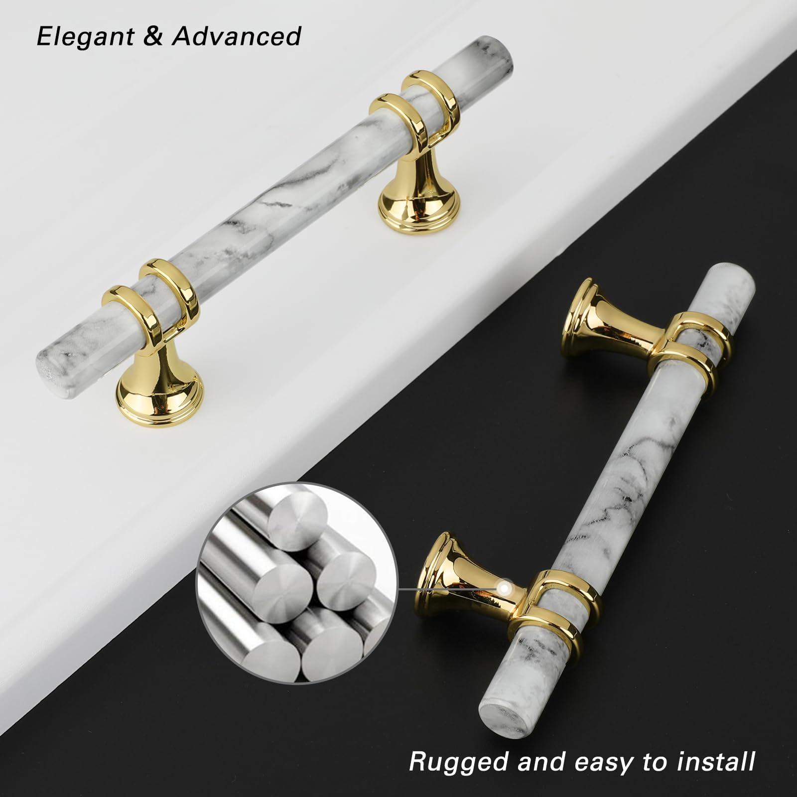 Comforsyco Marble Pattern T-Bar Cabinet Pulls with Gold Feet